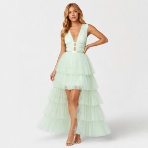 Bebe Mint Green Tiered Tulle High Low Gown Dress Large Prom Fairycore NO RETURNS